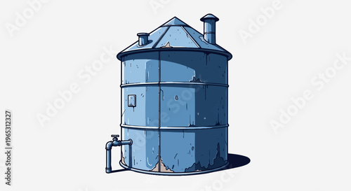 Tall, blue, weathered silo with a conical roof and attached pipes