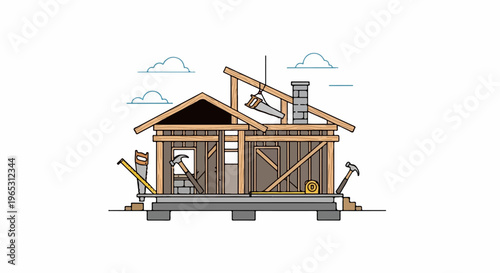 House under construction with tools and clouds in background