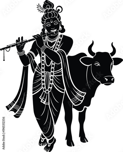 Lord Krishna playing flute with holy cow silhouette, Hindu god divine illustration, Indian spiritual vector