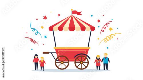 Festive illustration of a red circus or popcorn cart with a striped roof surrounded by families, children, and confetti.