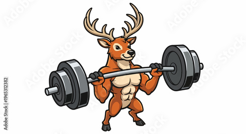 Muscular cartoon deer lifting a heavy barbell for strength training