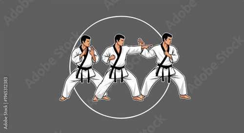 Three martial artists in white uniforms with black belts practicing movements