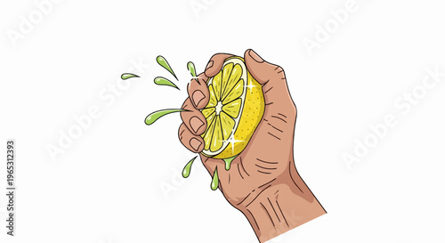 Hand squeezing a ripe yellow lemon, with juice dripping and splashing out