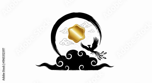 Majestic phoenix soars through ink-style clouds beneath golden emblem