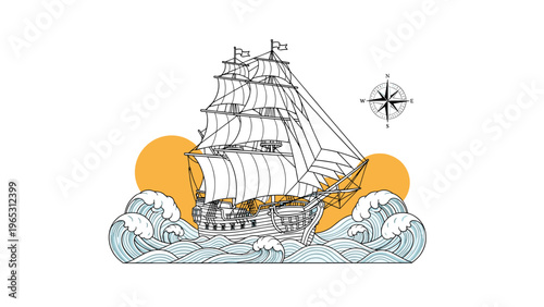 Detailed line art of a classic tall sailing ship on ocean waves with suns and a compass rose in the background.