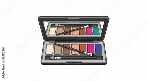 Open eye shadow palette with multiple colors and applicators