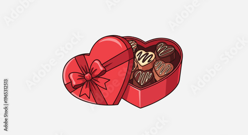 Open heart-shaped red box filled with assorted chocolates