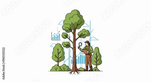 Person examining tree with magnifying glass, surrounded by plants and charts