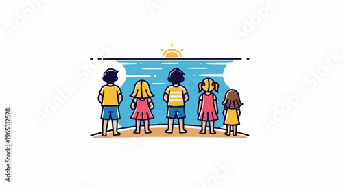 Five children stand on a beach looking at the ocean and sunrise