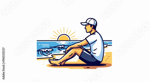 Person in cap and t-shirt sits on a beach watching the sunrise over ocean waves