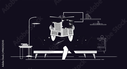 Person reading newspaper while sitting on couch in minimalist room