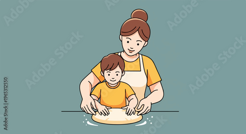 Parent and child kneading dough together, learning to bake