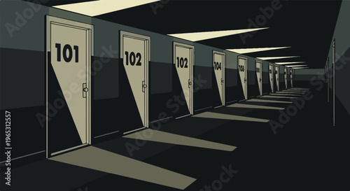 Dimly lit hallway lined with numbered doors casting long shadows