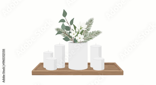 White candles and green foliage in a vase on a wooden tray