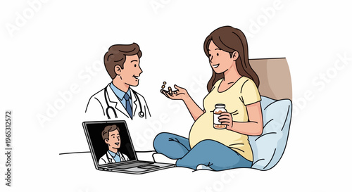 Pregnant woman consults doctor via laptop, holding medication pills
