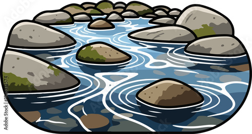 Flowing water with rocks, ripples, and mossy stones