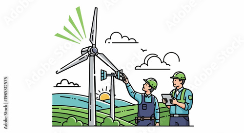 Two men in hard hats inspect a wind turbine at sunset