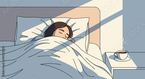 Peaceful morning as person sleeps in bed with sunlight and a hot drink nearby