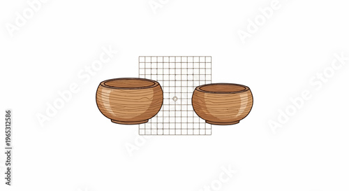 Two wooden bowls sit before a grid, suggesting a game or art