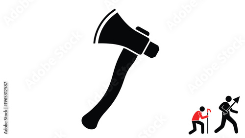 Large black axe silhouette accompanied by small human figures showing a person with a cane and a person with a tool.