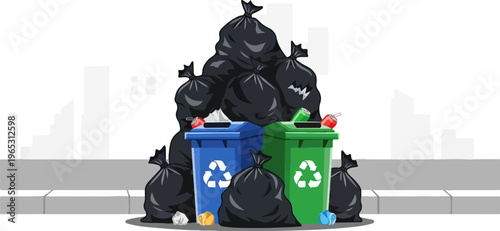 Piles of black trash bags next to blue and green recycling bins on sidewalk