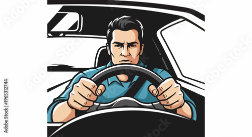 Serious man driving a car, focused on the road ahead