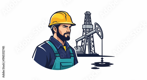 Worker in hard hat and overalls stands by oil rig pump