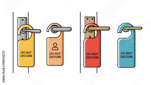 Set of four colorful hotel do not disturb door hangers in yellow, peach, red, and teal colors on various door handles.