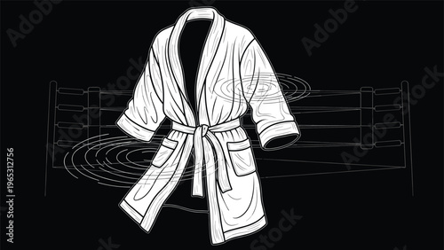 Elegant boxing robe illustration shown in a line art style set against the backdrop of a boxing ring on a solid black background.