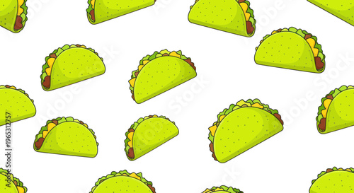 Seamless Pattern of Cartoon Tacos with Green Shells on White Background
