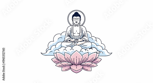 Serene Buddha meditating on clouds atop a vibrant lotus flower, peaceful enlightenment