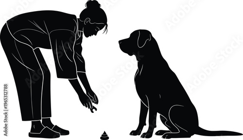 Silhouette illustration of person cleaning up after dog, responsible pet ownership, hygiene, and companionship concept design