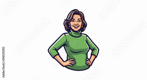 Smiling woman with brown hair in green turtleneck, hands on hips