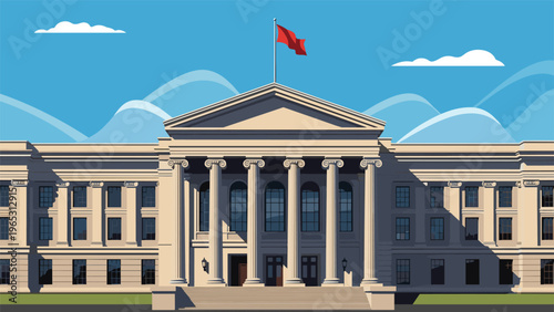 Grand neoclassical government building with columns and a red flag on top set against a blue sky with stylized clouds.