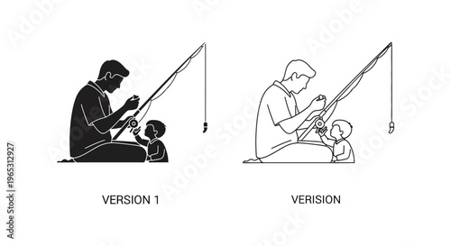 Father and child fishing together family outdoor fun Vector
