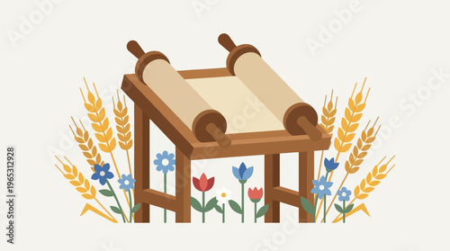 Ancient scroll on wooden stand illustration with handles.