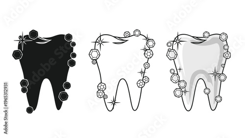 Collection of tooth icons decorated with sparkling gems and crystals representing luxury dental jewelry and advanced oral care.
