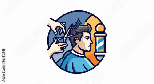 Stylized barber scene with scissors cutting hair and barber pole