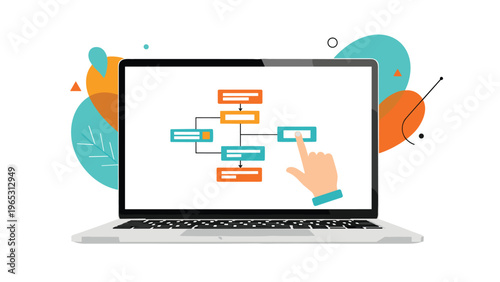 Laptop computer screen displaying a colorful flowchart diagram with a human hand pointing to a specific task box for business planning.
