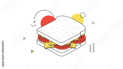 Delicious multi-layer sandwich illustration with cheese and tomatoes surrounded by abstract geometric shapes and artistic lines.