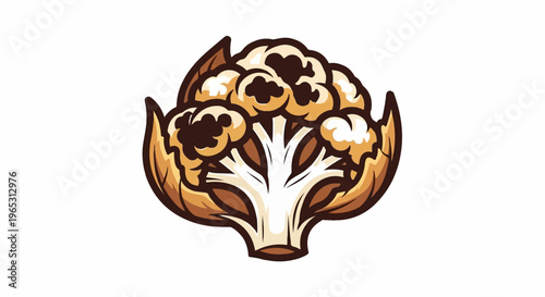 Stylized cartoon-like cauliflower with brown leaves and creamy florets