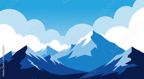 Stylized blue mountain range with fluffy clouds under a clear sky