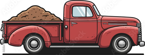 Cartoon red pickup truck loaded with dirt, side view
