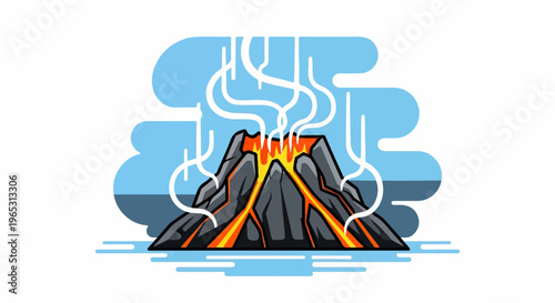 Stylized volcano erupting with molten rock and smoke against a blue sky