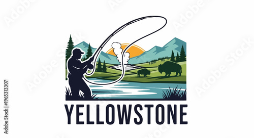 Angler casts line in Yellowstone with bison and mountains at sunset