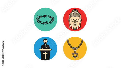 Set of four religious icons in colorful circles representing Christianity, Buddhism, Judaism, and a priest delivering a sermon.