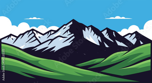 Stylized mountain peaks capped with snow under a bright blue sky