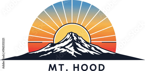 Stylized sunburst over snow-capped mountain with dark foreground