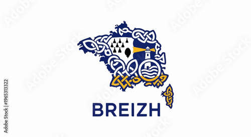 Stylized map with Celtic knotwork and nautical symbols, text "BREIZH