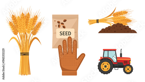 Agriculture and farming icon set featuring wheat stalks, a bag of seeds, a protective glove, fertile soil, and a red tractor.